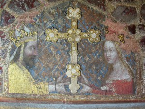 Nástěnná malba v kapli sv. Kateřiny hradu Karlštejna. karel IV. a Anna Svídnická (kolem 1360)_stav v průběhu restaurování (Jiří Brodský a Petr Bareš)